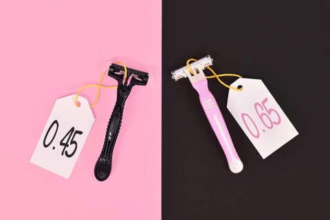 Pink tax and gender stereotypes concept showing pink and black razors marketed to specific genders with different price tags