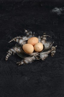 Three guinea fowl eggs in metal bowl