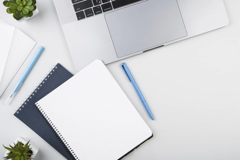Opened notepad with laptop top view. Resolution and high quality beautiful photo