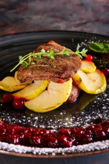 Closeup view of duck breast with apple and currant sauce