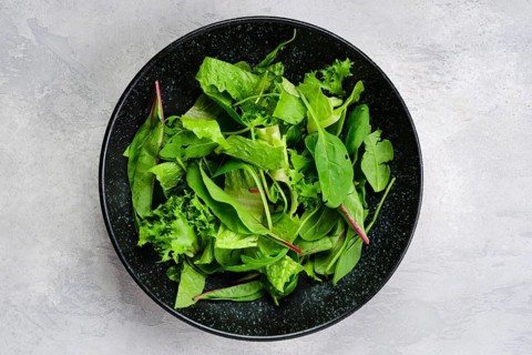 Top view of plate with assortment of fresh salad leaves