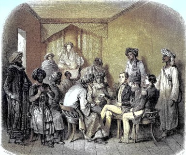 Commander Desfosses in Yoube-Soudi concluding a treaty with the Iman of Muscat and Oman