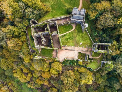 Top Down over Berry Pomeroy Castle from a dron