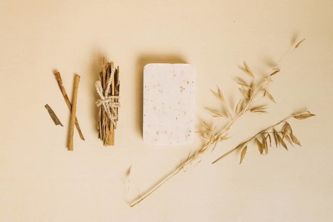 Top view organic soap bar with decorative plants around. Resolution and high quality beautiful photo