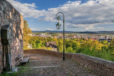 Old Way of the Cross to Frauenberg with view to the town in early autumn