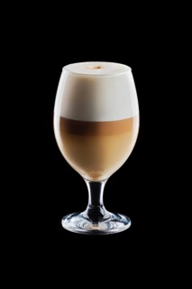 Big transparent glass with layered latte isolated on black background