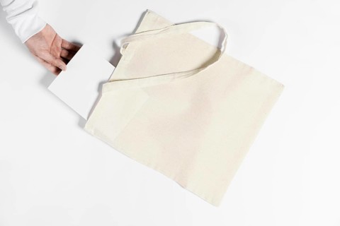 Person holding book from tote bag