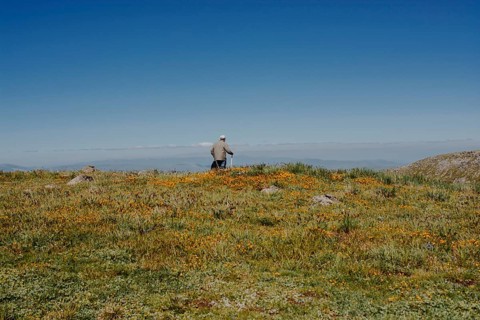 Hikers with backpacks and trekking poles walking in Turkish highland