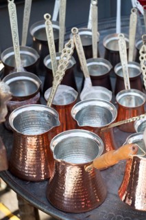 Turkish coffee pots made of metal in a traditional style