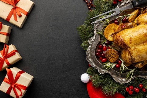 Flat lay delicious christmas food assortment with copy space