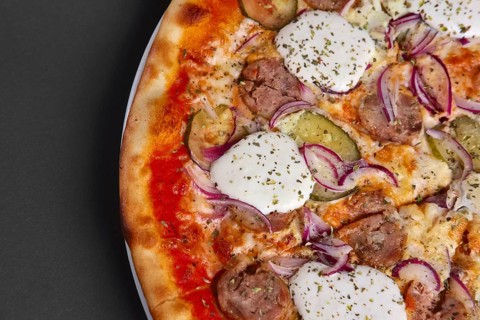 Top view of pizza with sausage