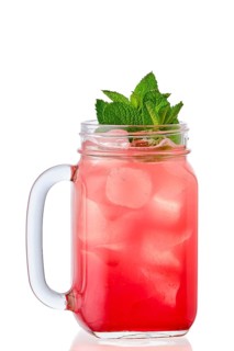 Cold strawberry lemonade in mason jar isolated on white background