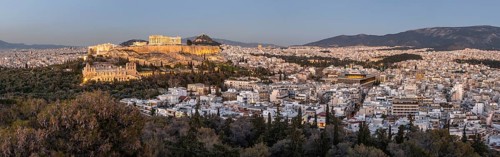 View from Philopappos Hill over the city at sunset