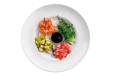 Salmon sashimi rice bowl with avocado