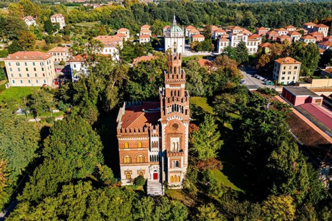 Aerial of the Unesco world heritage site "company town". Crespi dÂ´Adda
