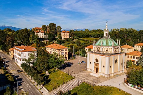 Aerial of the Unesco world heritage site "company town". Crespi dÂ´Adda