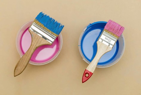 Top view brushes paint bucket. Resolution and high quality beautiful photo