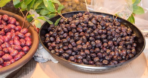Turkish style prepared olives in the market stands
