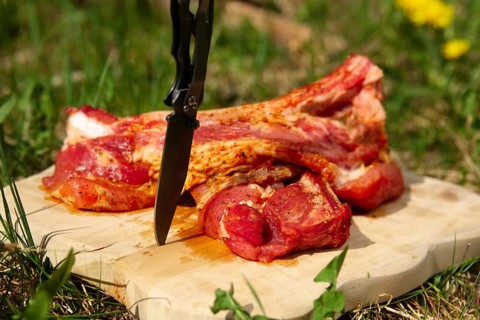 Fresh pork ribs with salt and pepper on cutting board outdoor. Selective focus photo