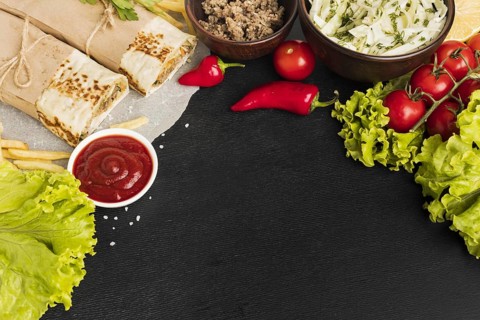 High angle delicious kebab with tomatoes salad
