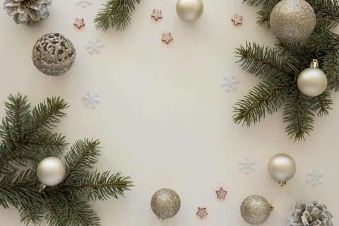 Top view natural pine needles and christmas globes. Resolution and high quality beautiful photo