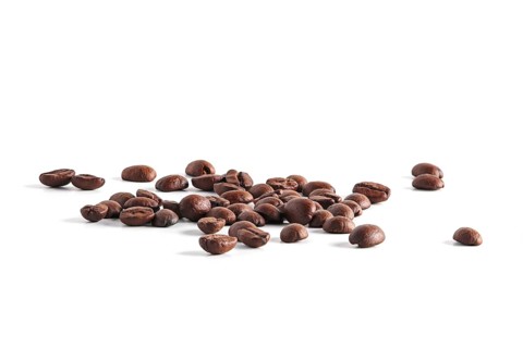 Coffee beans scattered on white background