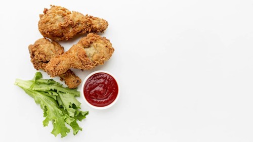 Top view fried chicken drumsticks with ketchup copy space. Resolution and high quality beautiful photo