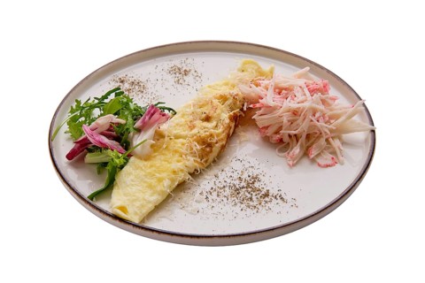 Omelette with crab meat and salad