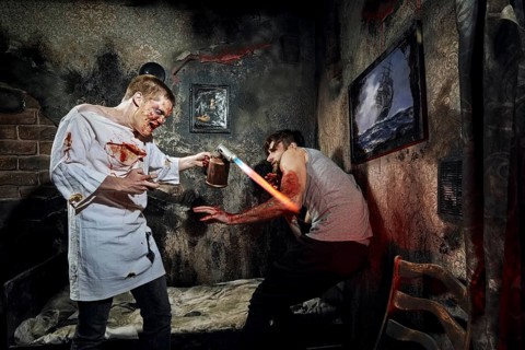 Psycho killer tortures with gas burner miserable bleeding victim
