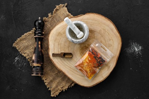 Wooden cross section with a set of spices for pilaf in plastic package and stone mortar and mill