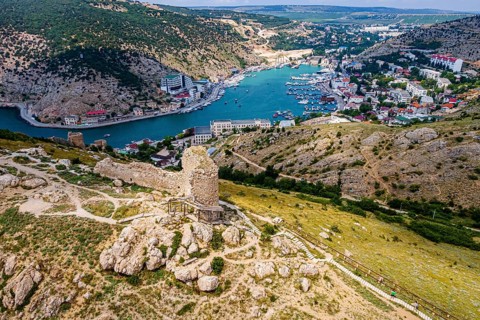Aerial of the castle and bay of Balaklava