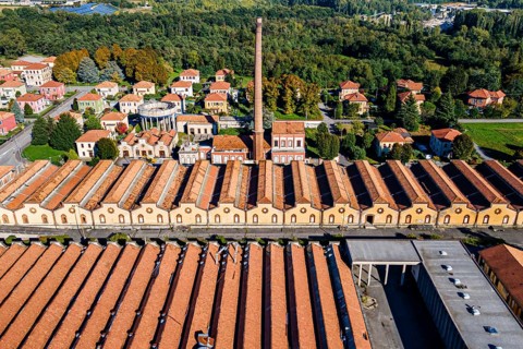 Aerial of the Unesco world heritage site "company town". Crespi dÂ´Adda