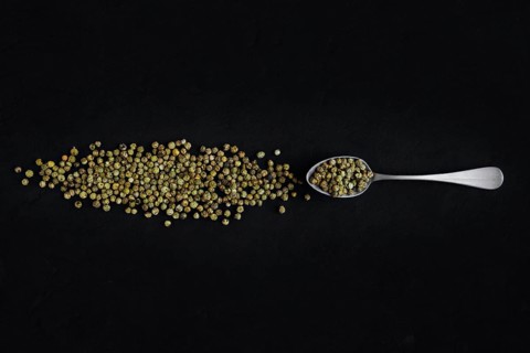 Dry green pepper scattered near metal spoon on dark background