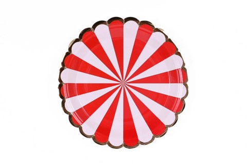 Red and white striped party paper plate isolated on white background