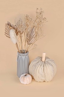 Autumn decoration with boho style knitted beige pumpkin and dried flowers