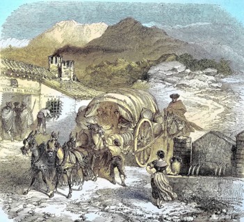 A carriage at a post station in the Sierra Nevada