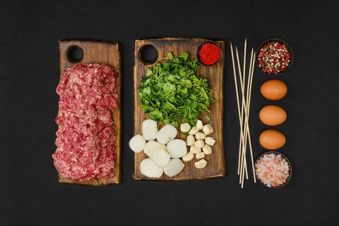 Raw ingredients and spices for lamb kebab