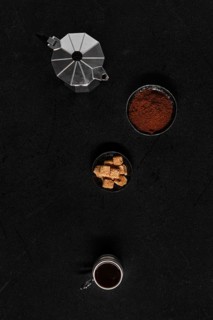 Overhead view of cup with espresso coffee