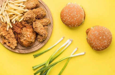 Top view fried chicken burgers with fries green onion. Resolution and high quality beautiful photo