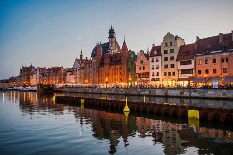 Hanseatic league houses on the Motlawa river at sunset