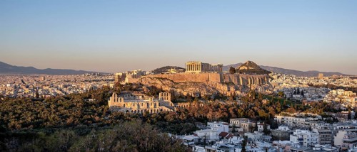 View from Philopappos Hill over the city at sunset