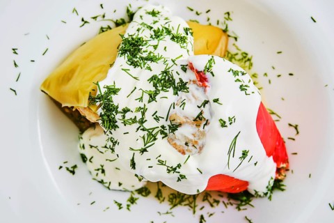 Close up view of bell pepper stuffed with minced meat on dark wooden table