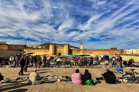 Crowd in front of the old city wall