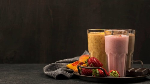Selection milkshake glasses with fruits chocolate. Resolution and high quality beautiful photo