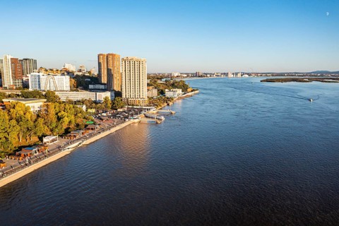 Aerial of Khabarovsk and the Amur river