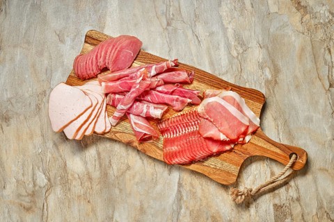 Top view of meat plate snack for wine