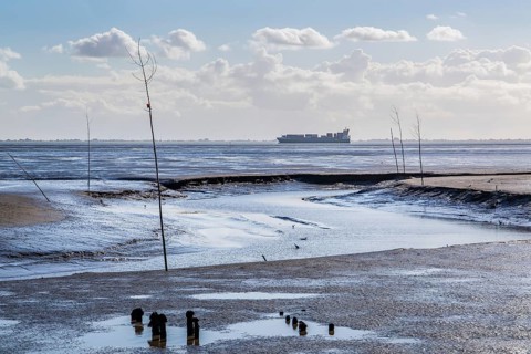Tidal creek am Wadden Sea mit Containerschiff in der Wesermuendung
