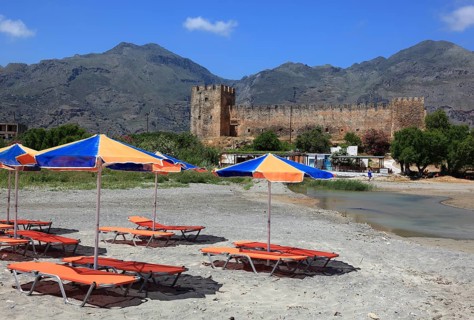 View of the Frangokastello fortress on the south coast of the Mediterranean island from the beach