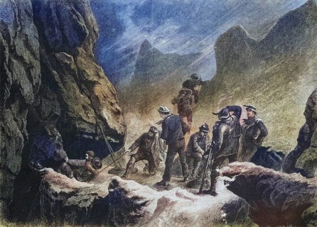 Mountaineer Rappelling Down a Chimney