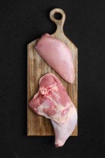Overhead view of raw turkey leg amd breast fillet on cutting board